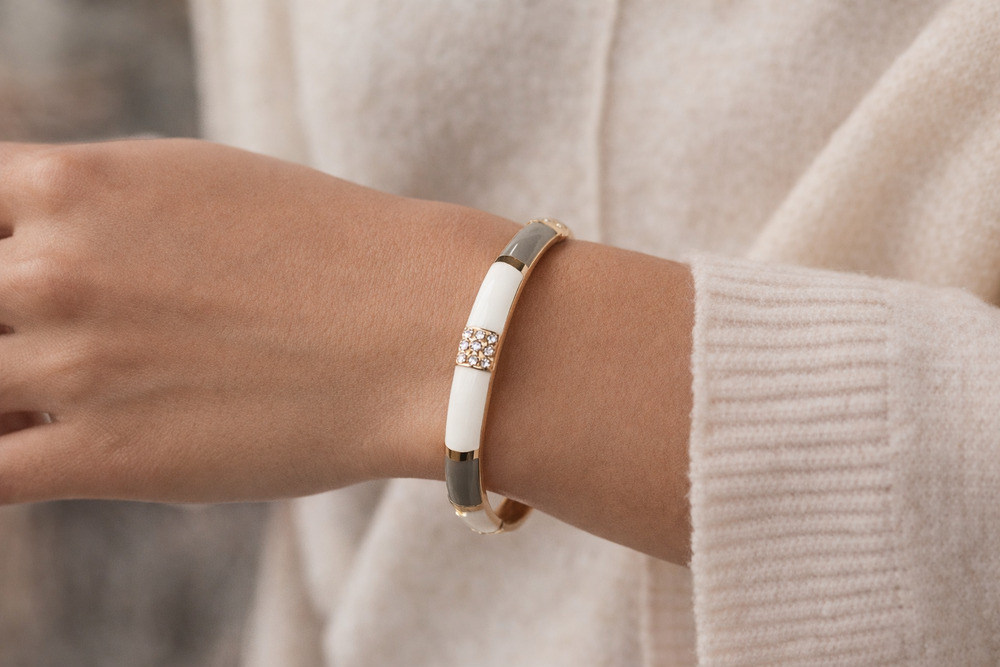 Gold Gray White Rhinestone Thin Bangle Bracelet New